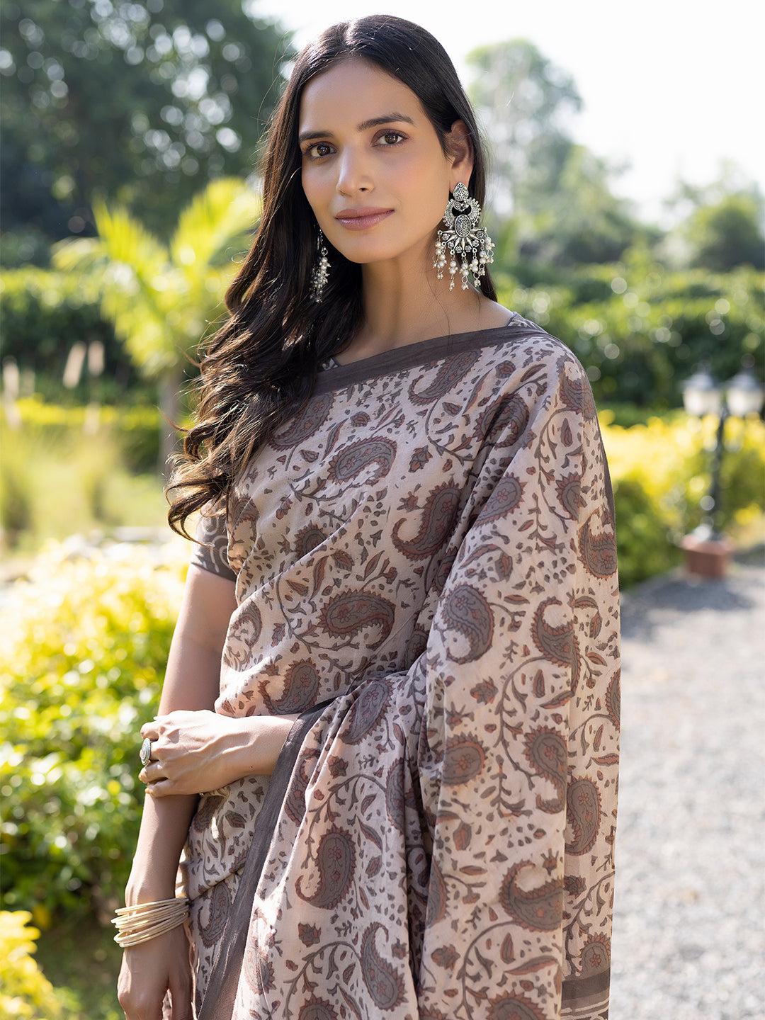 Taupe Ajrakh Cotton Saree