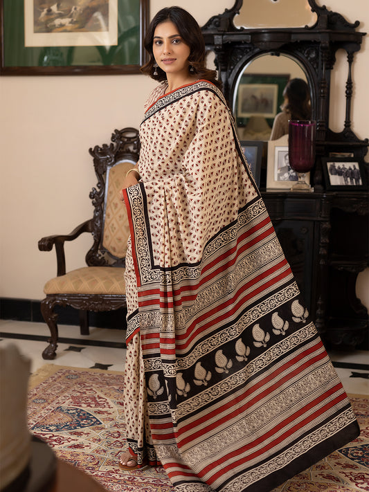 Pebble Hand-Block Cotton Saree