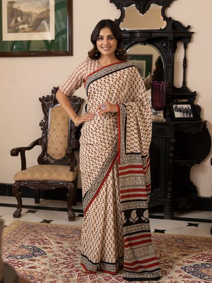 Pebble Hand-Block Cotton Saree