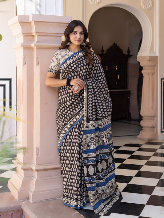 Ink Hand-Block Cotton Saree
