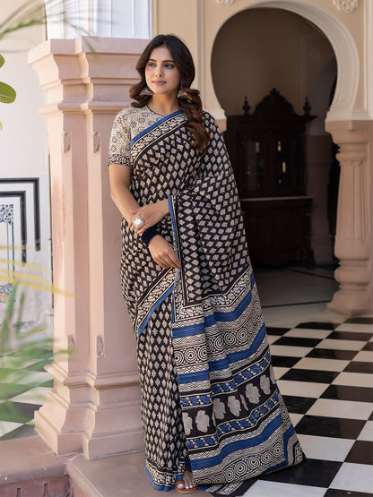 Ink Hand-Block Cotton Saree