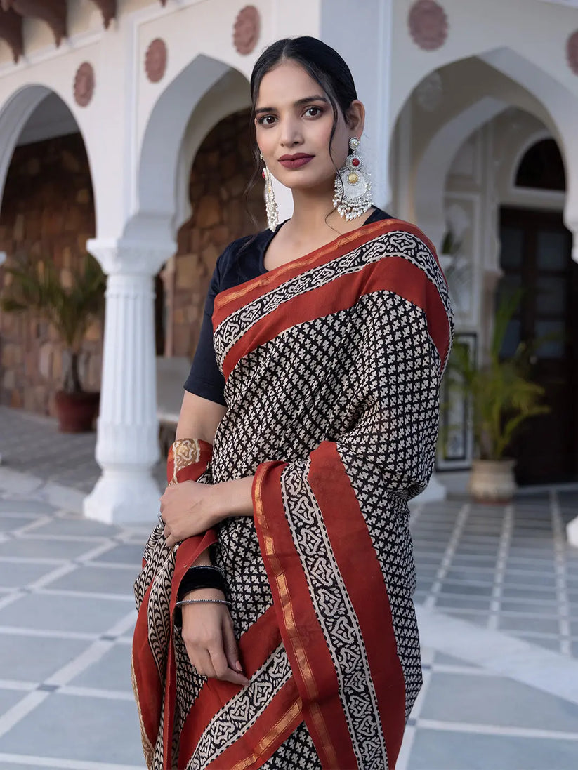 Onyx Hand-Block Saree - Ragavi