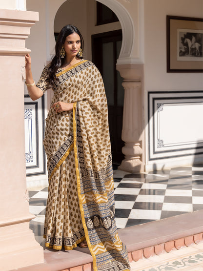 Camel Ajrakh Cotton Saree