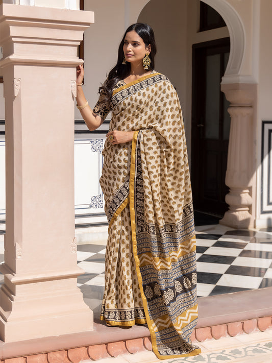 Camel Ajrakh Cotton Saree