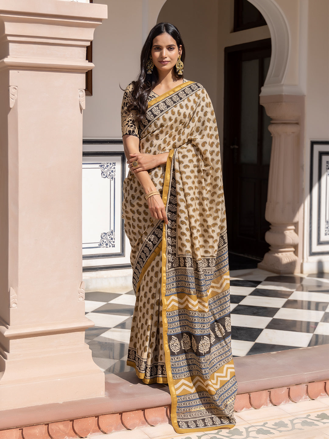 Camel Ajrakh Cotton Saree