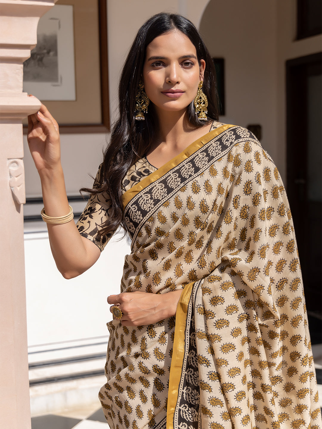 Camel Ajrakh Cotton Saree