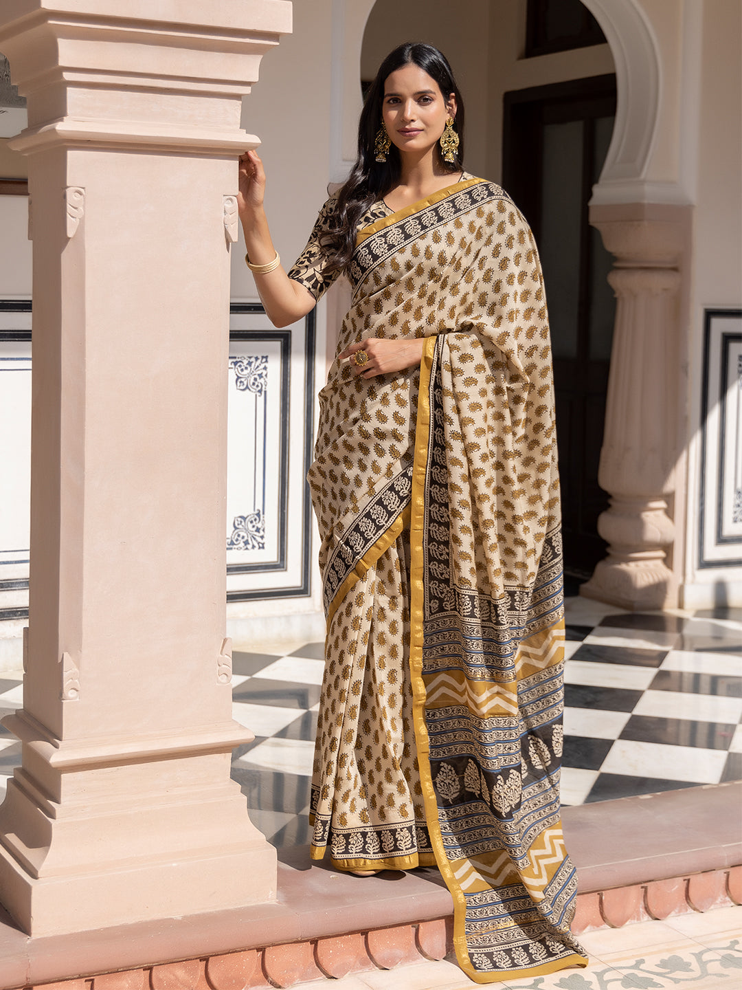 Camel Ajrakh Cotton Saree