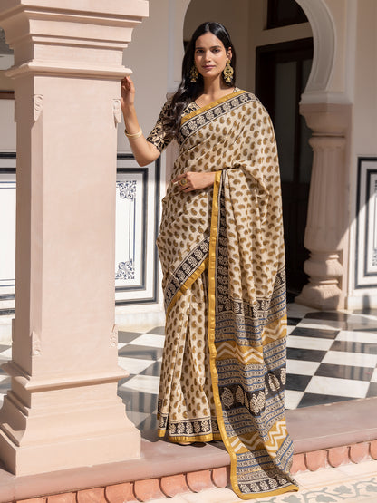 Camel Ajrakh Cotton Saree