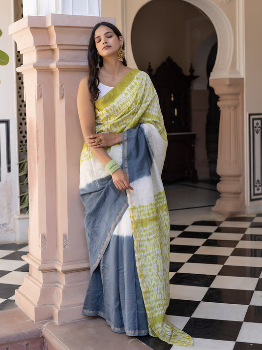 Lemon-Yellow & Smoke Shibori Chanderi Saree