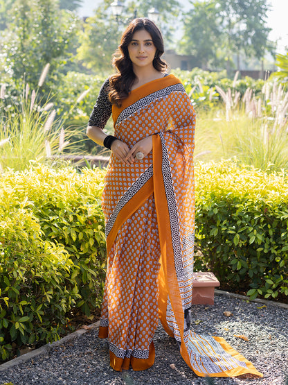 Tiger Orange Cotton Saree