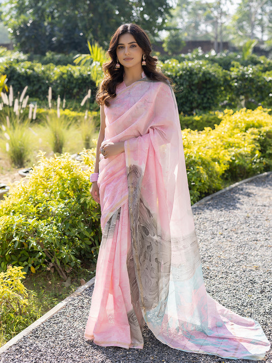 Smoky Salmon Marble Chanderi Saree
