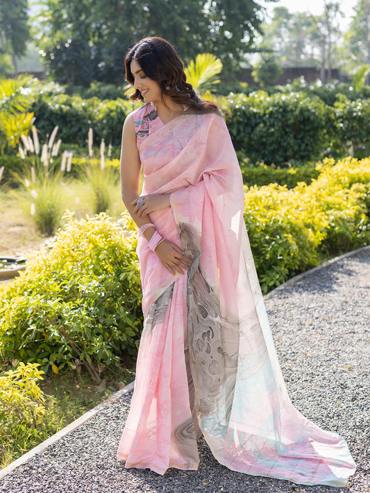 Smoky Salmon Marble Chanderi Saree