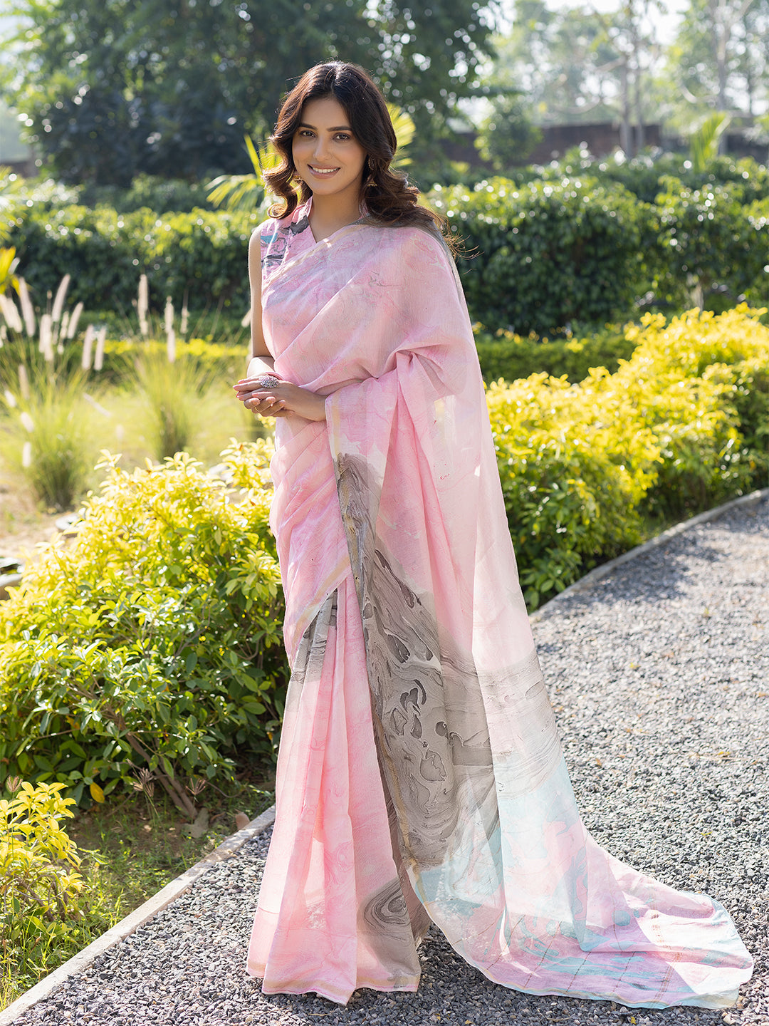 Smoky Salmon Marble Chanderi Saree