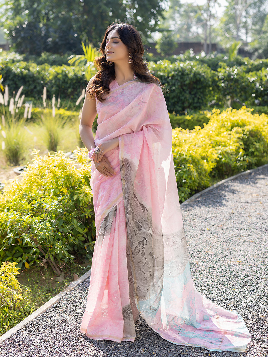 Smoky Salmon Marble Chanderi Saree