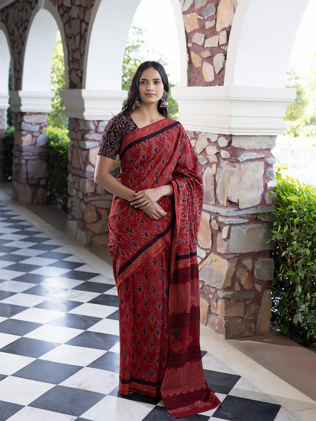 Cardinal Blue Ajrakh Cotton Saree