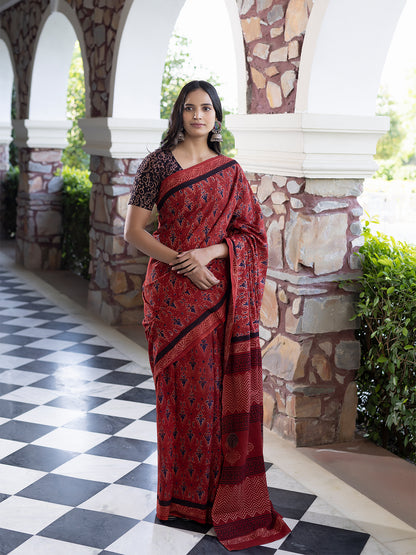 Cardinal Blue Ajrakh Cotton Saree
