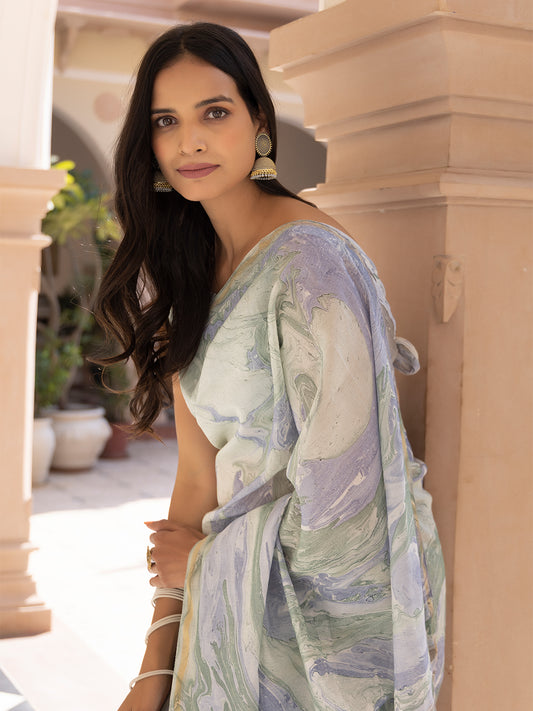Sky-Blue Marble Chanderi Saree