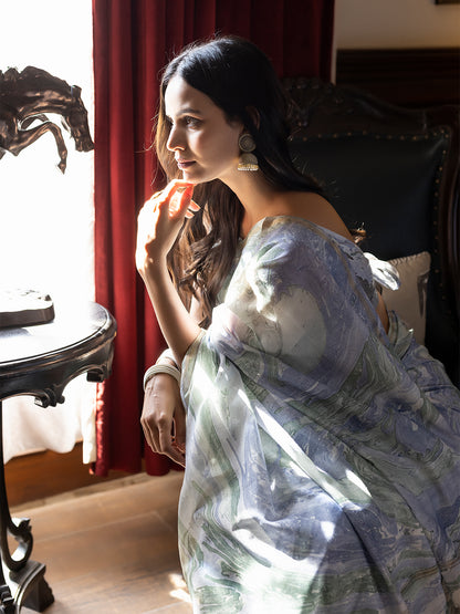 Sky-Blue Marble Chanderi Saree